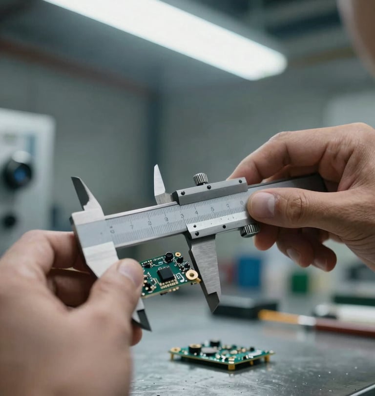Extreme close-up of an engineer's hands holding precision calipers measuring a small electronic circuit board component on a steel-gray workbench, overhead fluorescent warehouse light, sharp industrial focus, no blur
