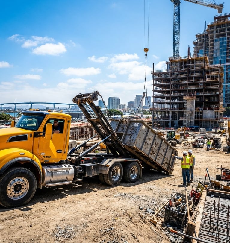 Wide shot of a heavy-duty roll-off truck delivering a large steel dumpster onto a clean, active construction site in San Diego, bright high-contrast California daylight, sharp metallic textures, bold saturated tones, wide-angle lens, low angle heroic shot