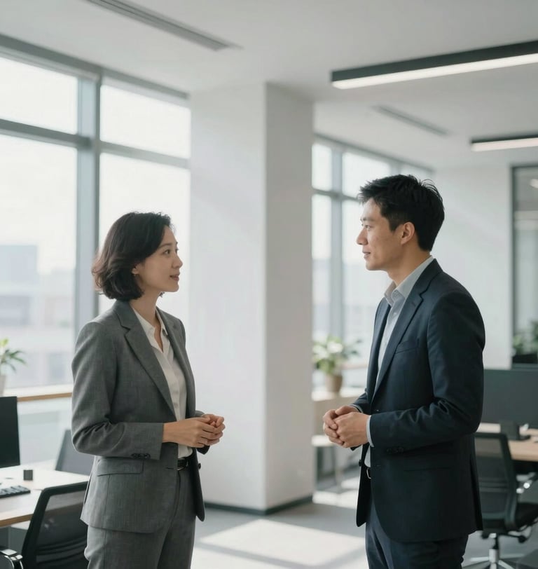Professional, candid executive interaction in a modern, architecturally clean office space, cool desaturated tones, bright natural light, sharp focus, editorial 35mm.