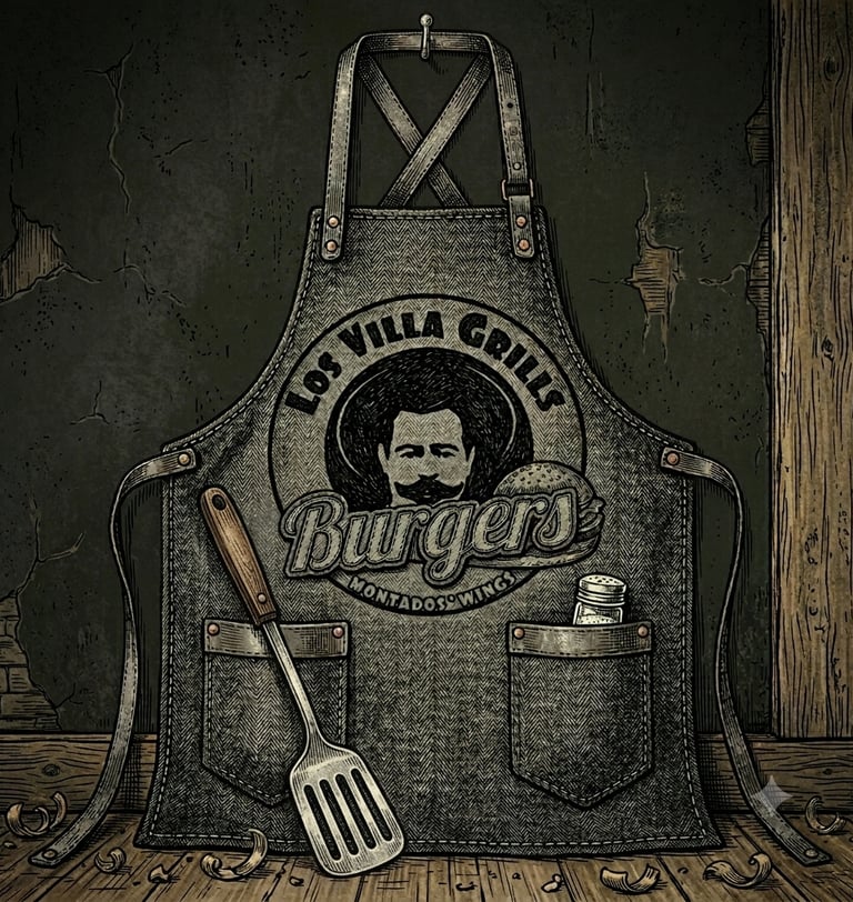Un delantal de mezclilla vintage para barbacoa con el logotipo de Los Villa Grills Burgers.