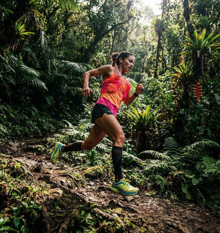 Trail runner in full stride on a narrow dirt path, dense tropical vegetation of Cundinamarca, high-contrast dramatic sunlight, deep shadows, dynamic low-angle, 35mm lens