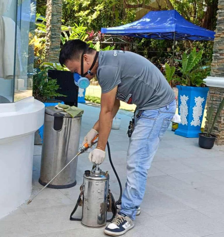 "Technician wearing respirator and gloves applying pest control treatment with a sprayer along build
