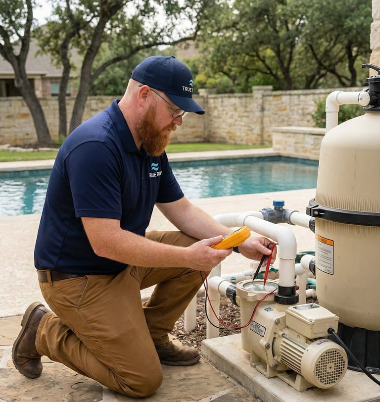 True Flow Pool Solutions technician performing pool equipment troubleshooting in Round Rock, TX.