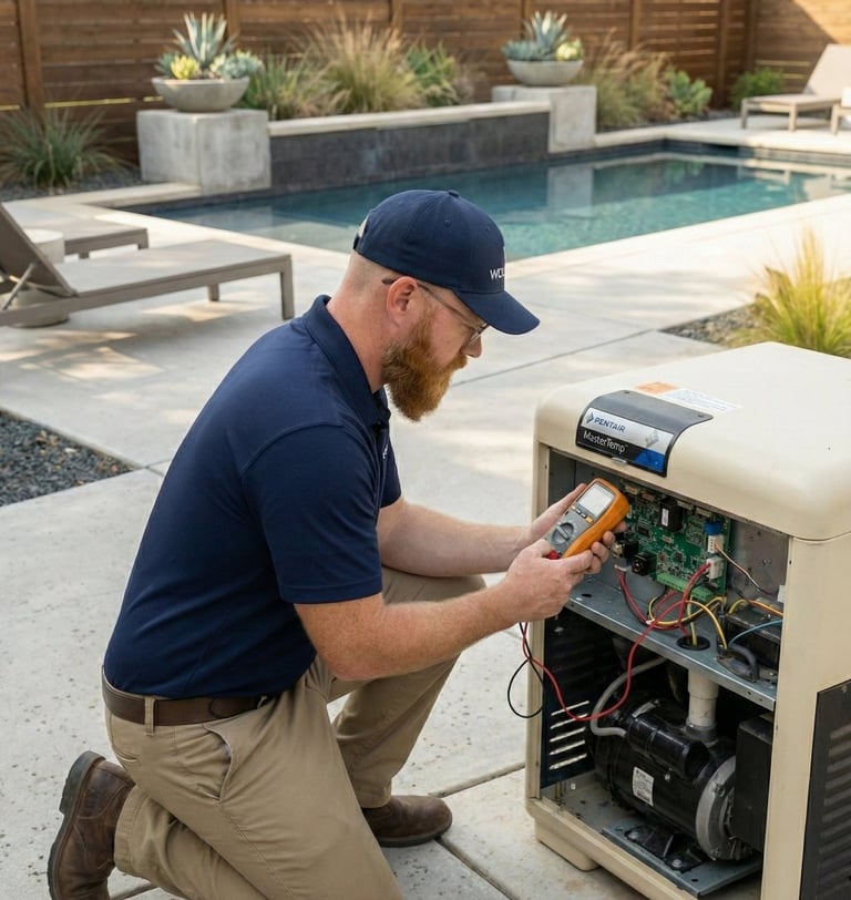 Pool Pool technician diagnosing a pool heater to identify the root cause of heating failure