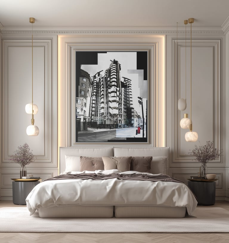 A photo joiner of Lloyds of London hanging above a bed