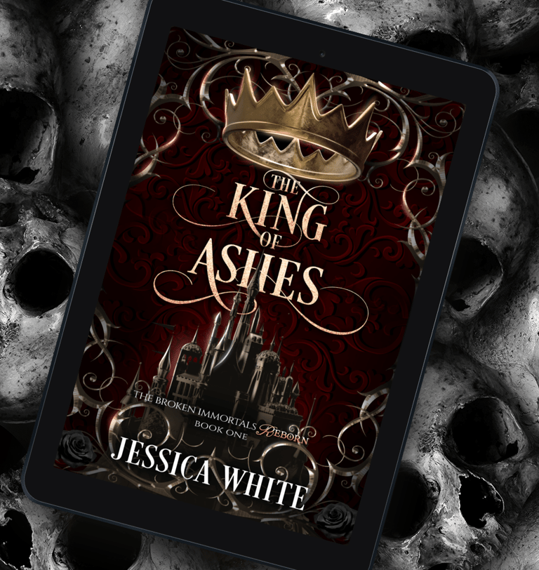 Dark fantasy book cover for The King of Ashes (Broken Immortals Reborn series) by Jessica White, wit