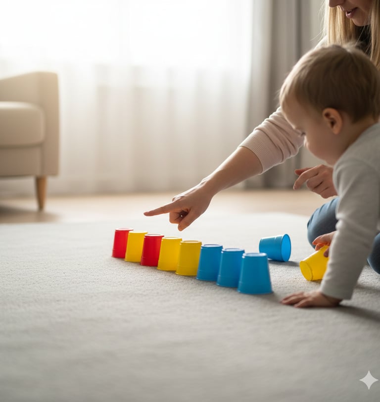 Child and parent lining up cups and counting them together at home