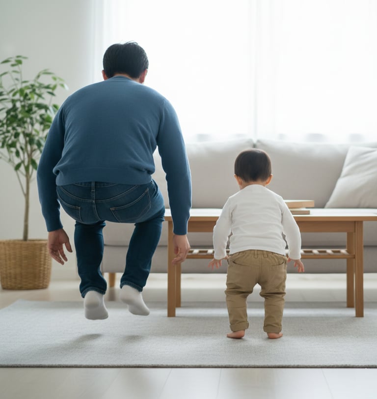 Child and parent pretending to be animals in fun indoor activity at home