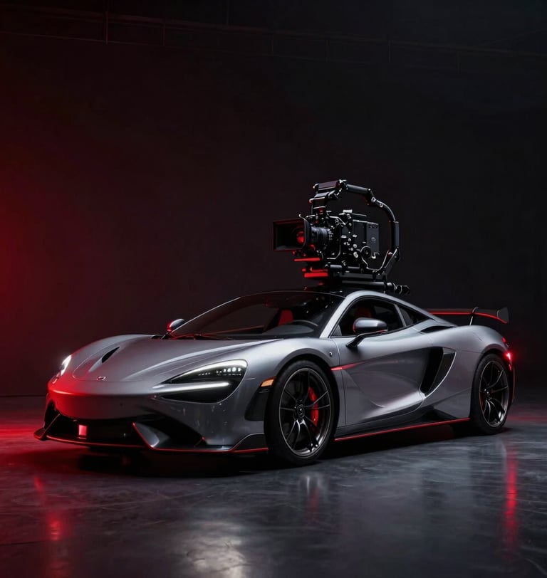 Sleek automotive brand campaign shoot, high-end camera rig tracking a sports car under dramatic studio lighting, neon red accents.