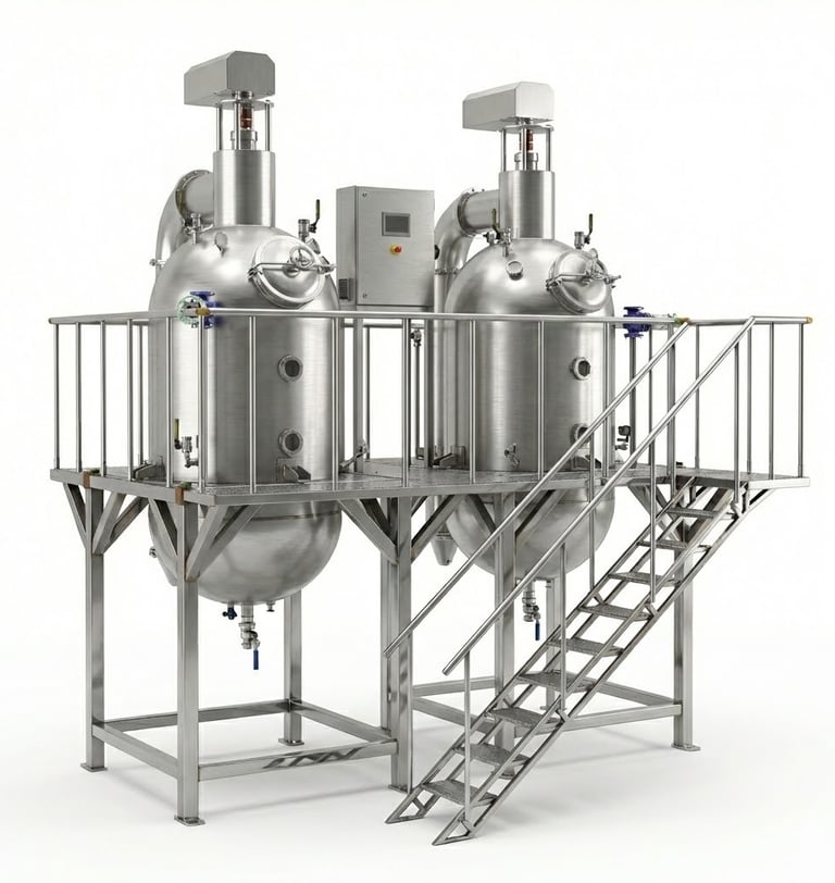 Industrial stainless steel chemical reactors on a raised platform with stairs and control panel.