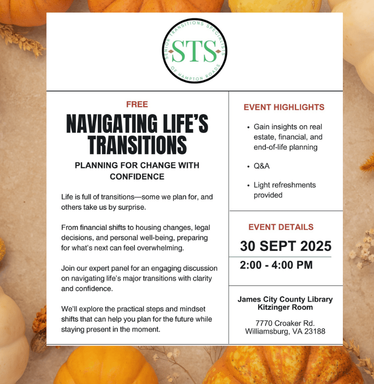 Flyer with autumn leaves background promoting a workshop on navigating life’s transitions, downsizin