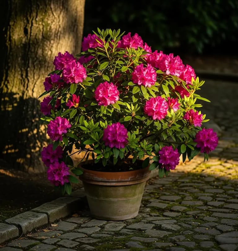 rododendro fucsia en maceta clásica de terracota 