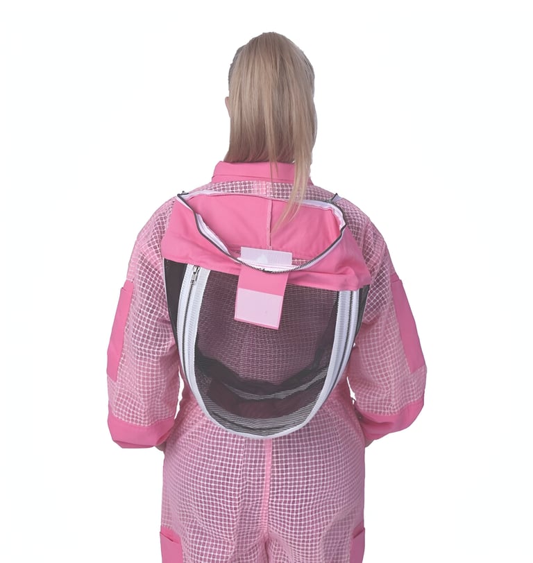 a woman in a pink beekeeping suit and a pink suits