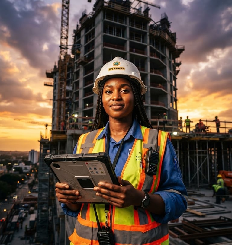 Low-angle heroic portrait of a young West African female site manager in a white hard hat and safety vest, holding a digital tablet on a modern construction site, dramatic sunset lighting, sharp focus, 35mm editorial.