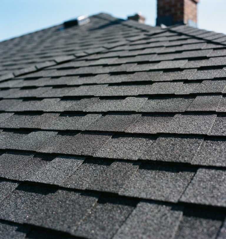 Close-up of new architectural shingles on a completed roof, crisp lines, natural daylight, deep charcoal tones, sharp focus, 35mm