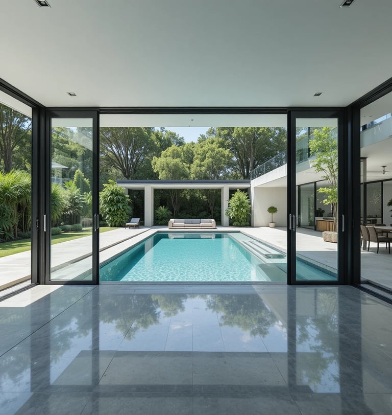 A sleek, modern pool house with floor-to-ceiling glass doors slid wide open