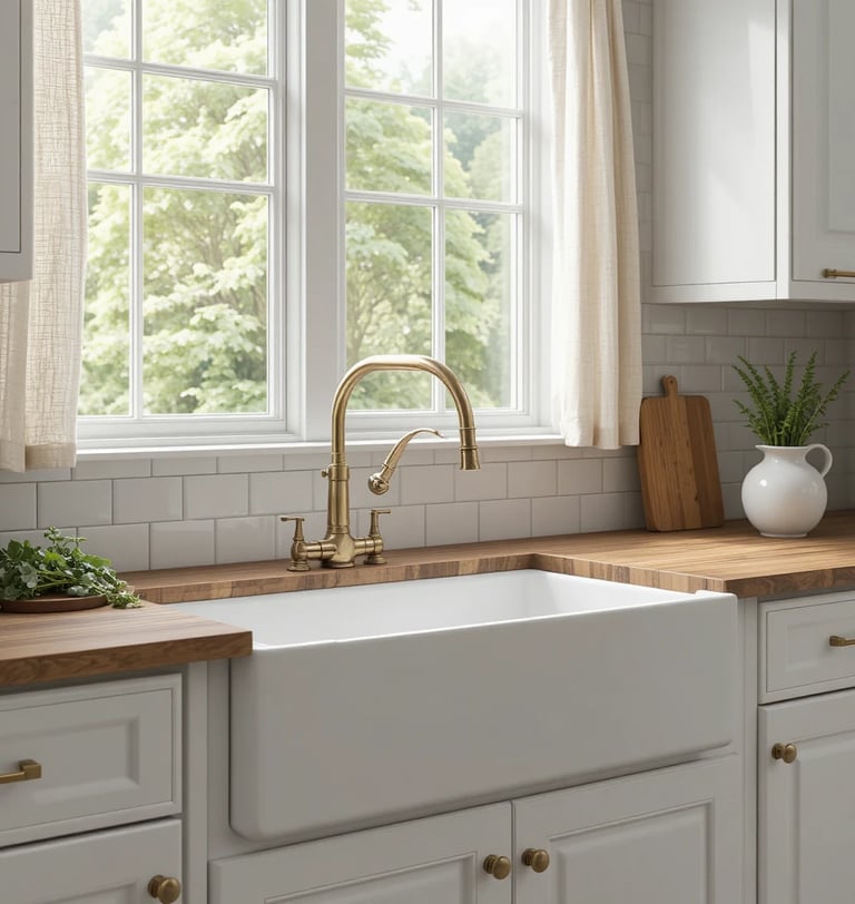A close-up of a white apron-front farmhouse sink set into a wooden countertop
