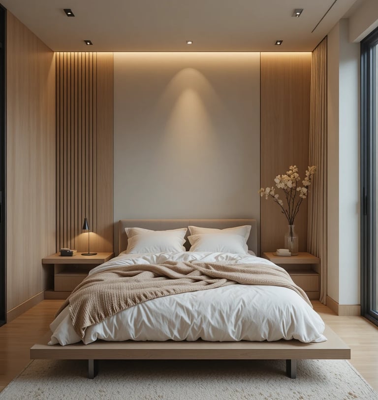 A tiny cozy bedroom with a low platform bed, soft layered bedding,