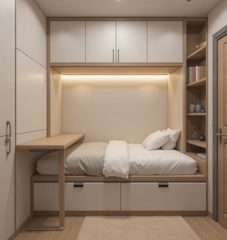 A compact bedroom featuring a storage bed with built-in drawers