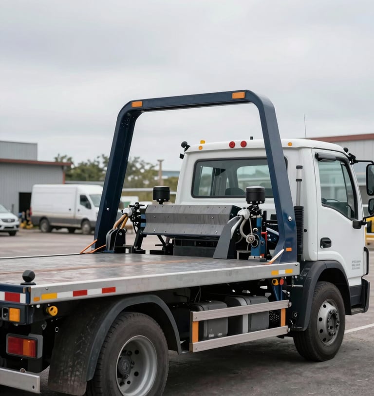 A clean flatbed tow truck parked on an asphalt yard under overcast daylight, sharp focus on the hydraulic lift, industrial tones