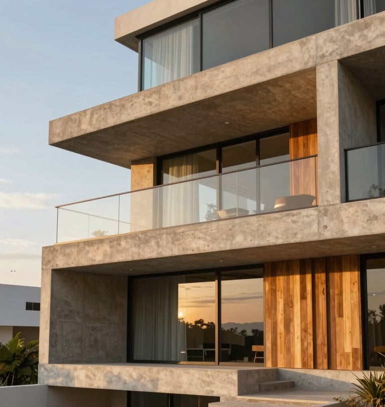 Architectural photography of a contemporary concrete and glass residential building facade in Costa Rica, soft golden hour light, warm sand and wood textures, clean lines, 35mm lens, right side composition