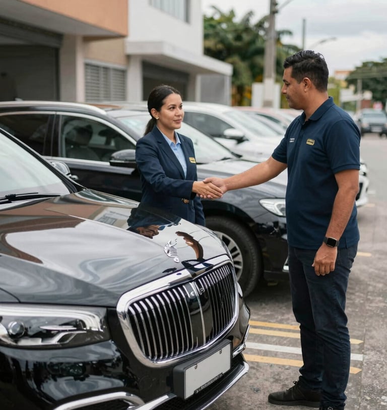 Professional hotel receptionist standing in front of a modern lobby service desk.