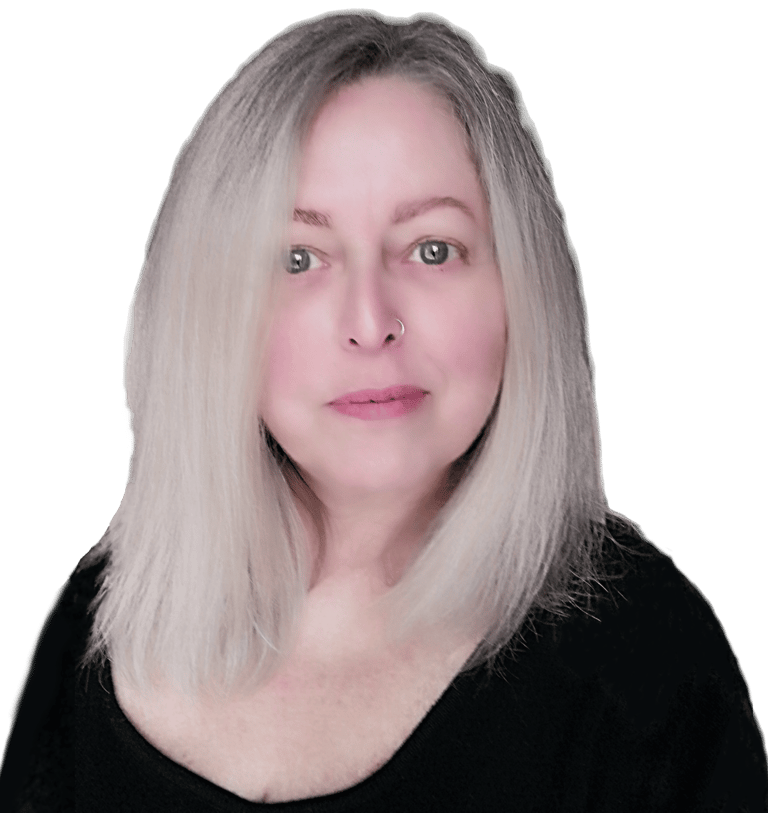 Middle-aged woman with long blonde hair and a nose ring