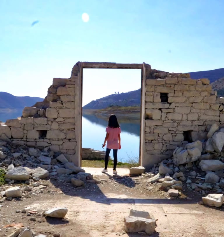 Young traveller exploring stone ruins in Alassa village