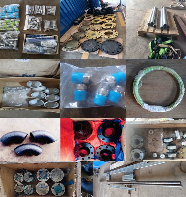A collection of industrial pipe fittings, steel flanges, and metal pipes for construction and plumbing.