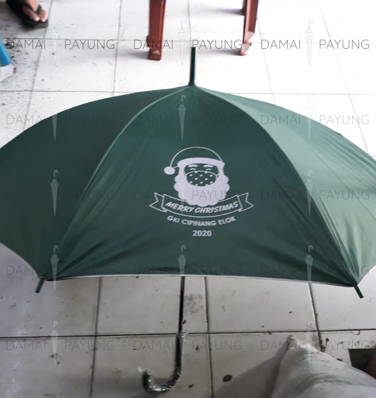 Payung promosi polos tongkat hijau silver GKI detail