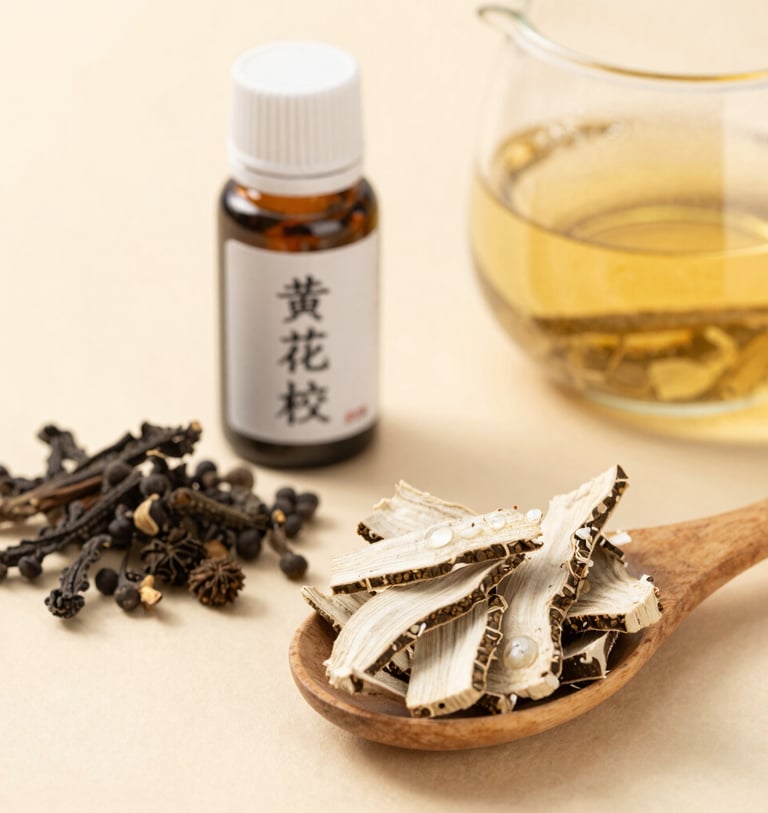 Close-up of fresh green herbs and roots arranged on a wooden table.