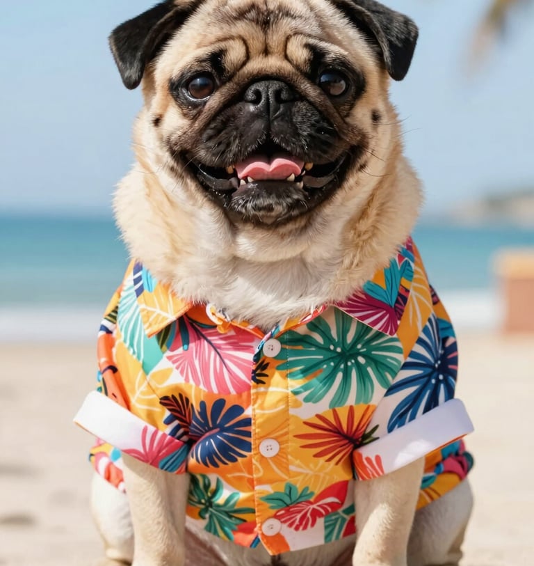 Un adorable carlino con una colorida camisa hawaiana de flores tropicales en una playa soleada.