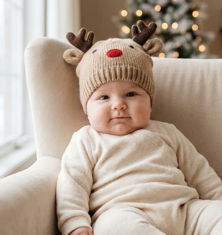 a baby wearing a reindeer hat and a reindeer hat