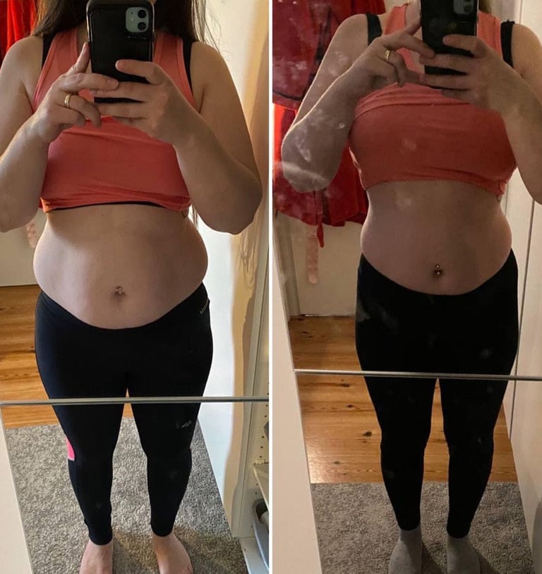 Side-by-side weight loss transformation showing a woman's fitness progress in yoga pants and a sports bra.