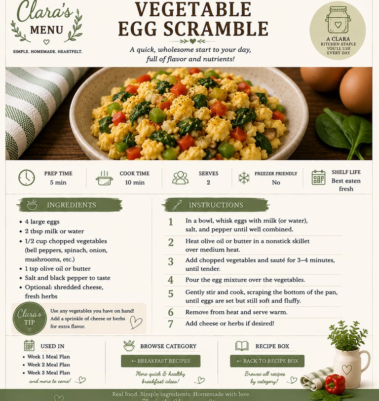 Healthy vegetable egg scramble recipe card featuring sautéed peppers, spinach, and fluffy scrambled eggs in a bowl.