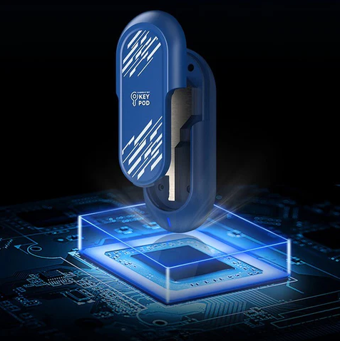a bule key box open key exposed floating over a blue computer chip that is glowing