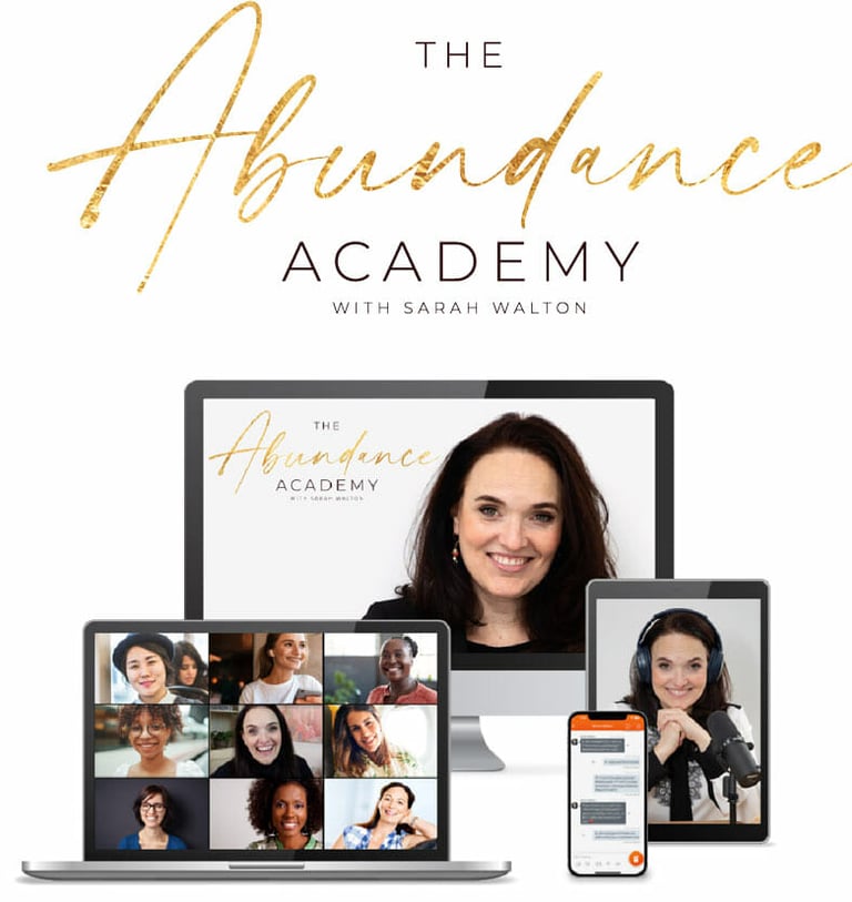 a woman with a laptop and a laptop with the words, the abundance academy