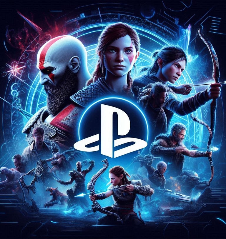 Fondo de pantalla de PlayStation con personajes icónicos como Kratos, Ellie, y Aloy