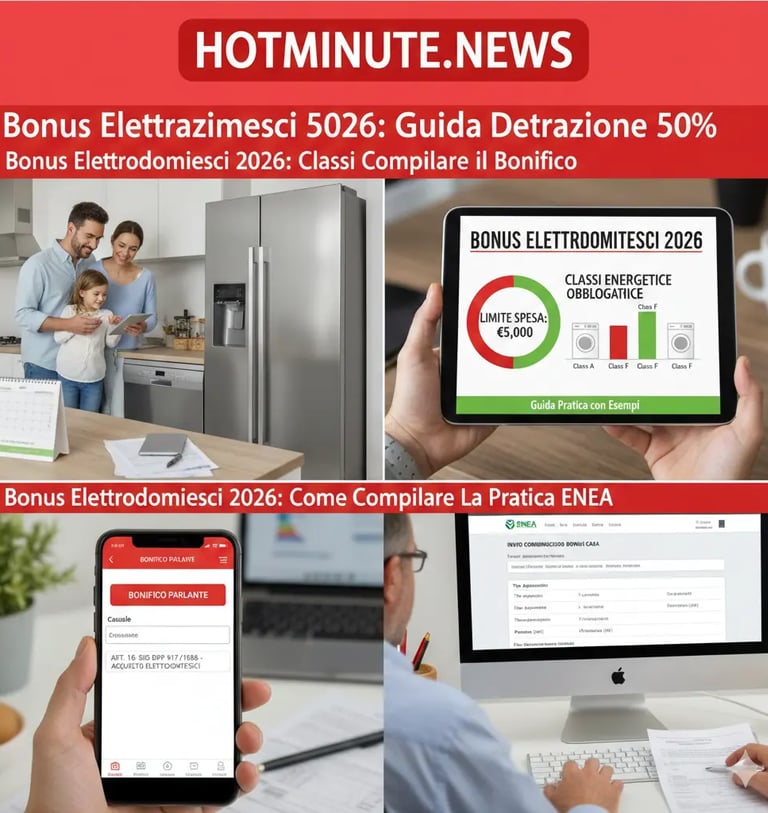 Guida visiva al Bonus Elettrodomestici 2026: collage informativo con banner rosso e logo HOTMINUTE.N