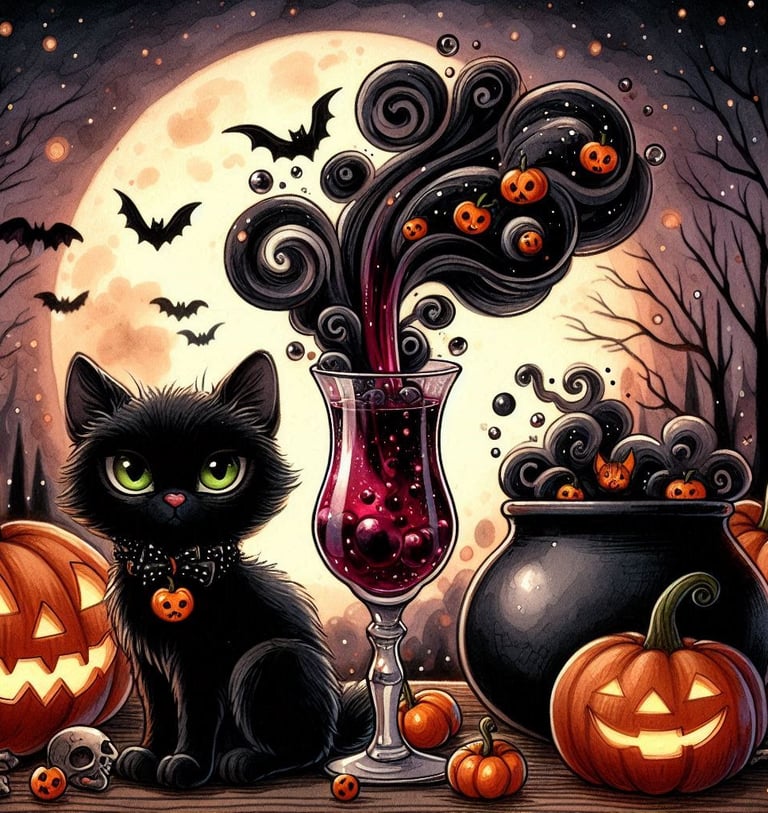 a black cat sitting on a table with halloween decorations