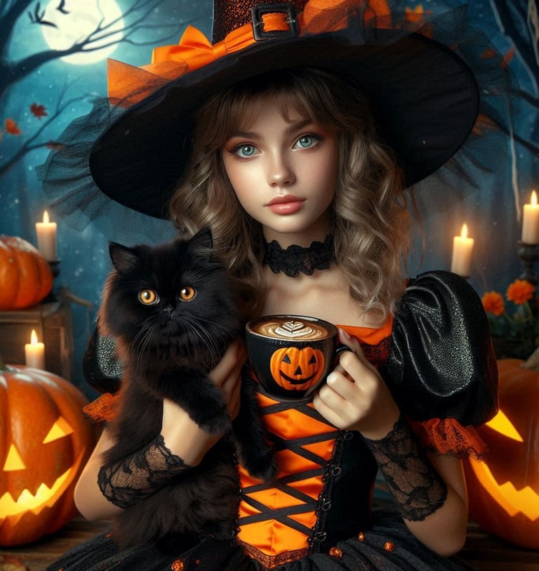 a girl in a witch costume holding a black cat