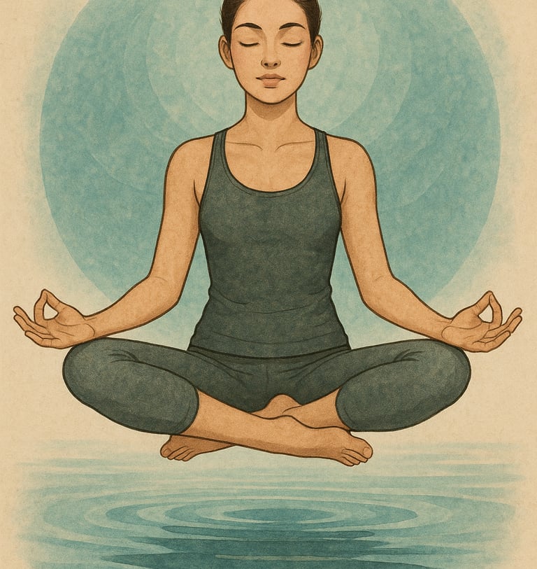 Иллюстрация человека, сидящего в позе медитации с закрытыми глазами. Фон с мягкими кругами 