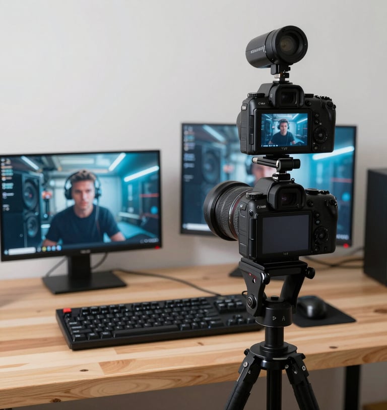 Wide environmental shot of a modern creator workspace — dual monitors glowing blue, a professional microphone arm in the foreground, mechanical keyboard and camera on a clean white desk, natural north-facing daylight streaming in from the right, shallow depth of field, no people