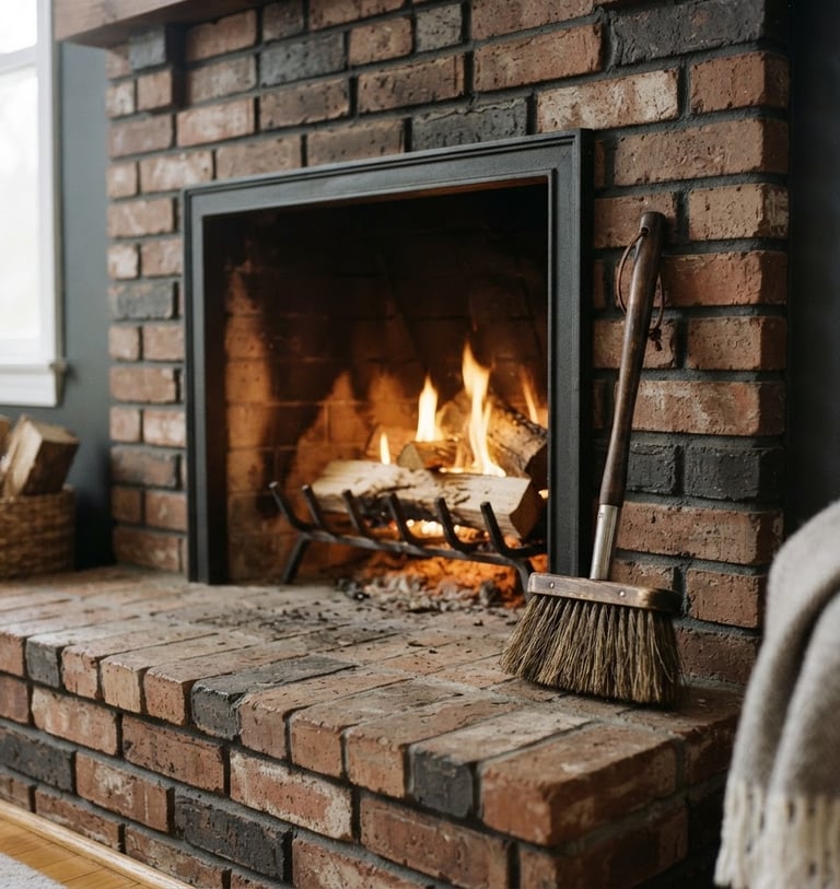 A clean brick hearth with a warm golden interior light, a professional sweeping brush resting beside the fireplace, sharp focus, 35mm editorial photography