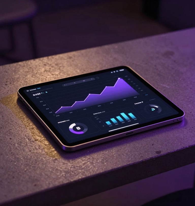 Sleek dark tablet on a concrete table showing a dashboard with positive growth metrics, glowing purple accent lighting, cinematic depth of field