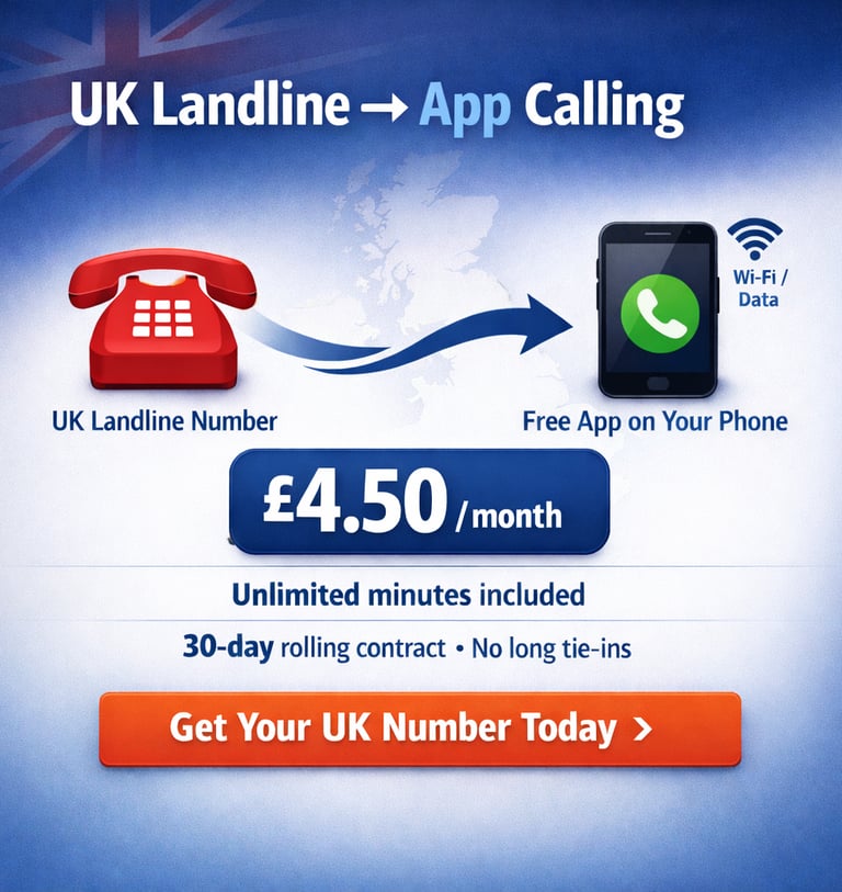 UK landline to app calling service with unlimited minutes for 4.50 per month on a 30-day rolling contract.