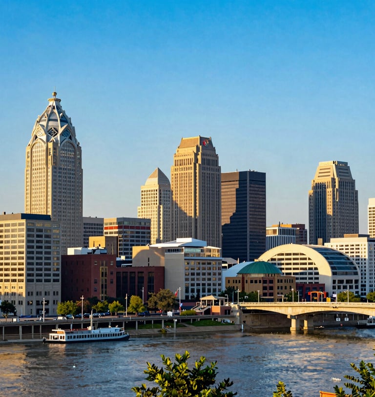 A wide environmental shot of the Cincinnati skyline at golden hour, showing the city's iconic architecture and the Ohio River, sharp commercial photography, bright natural daylight, high-contrast vivid colors.
