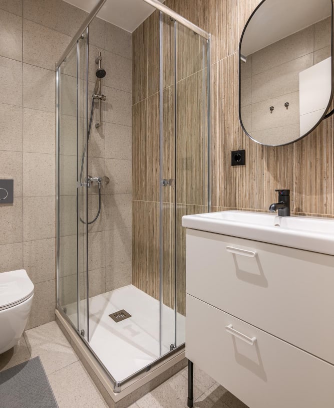 Small corner shower enclosure and vanity,custom shower replacement in a compact Auckland bathroom