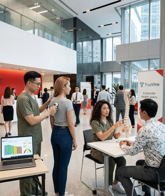 A group of chiropractors performing spinal checks with various office workers