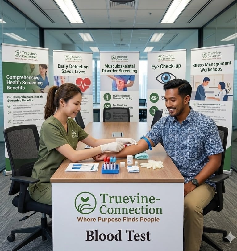 A nurse performing blood test for a male patient. at a health screening